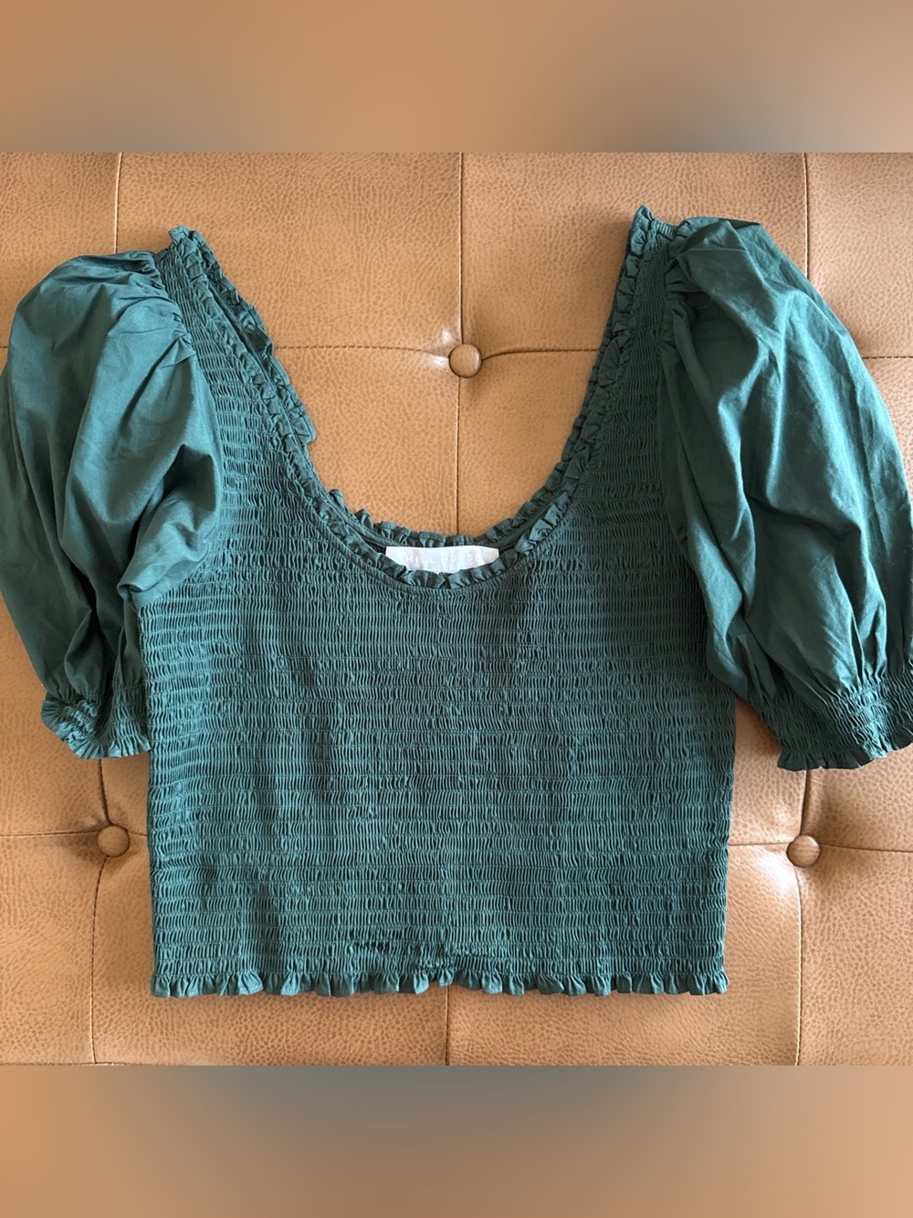 Hill House Home Smocked Puff-Sleeve Crop Top - Forest Green